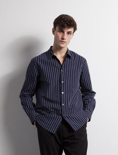 Kapatid - Gray and Navy Striped Dress Shirt - Made in the USA - Model